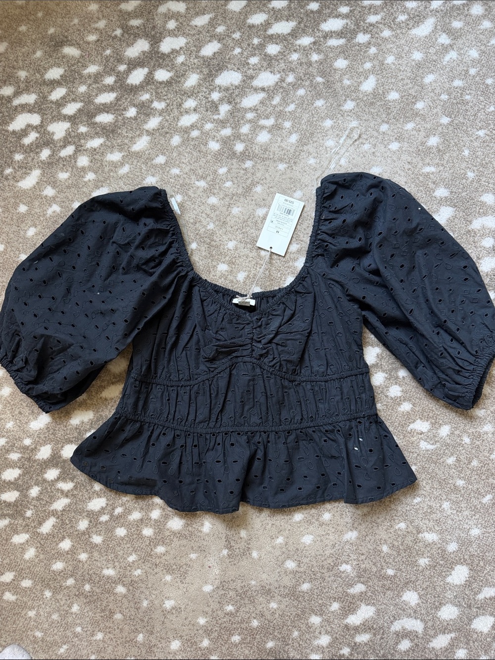 A new day Black Eyelet Puff-Sleeve Peplum Top